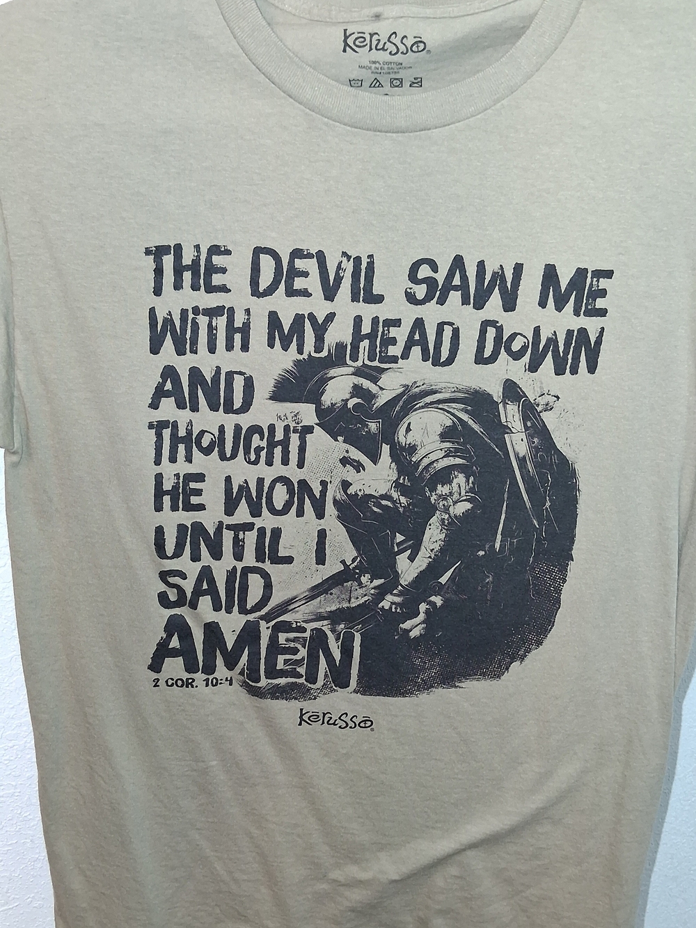 Kerusso Men's Beige Graphic T-Shirt with 'Amen' Warrior Print